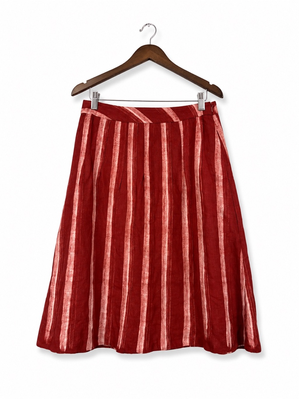 Coldwater Creek Linen Blend Midi Skirt Red Rust Pink Stripe Lined Size 8